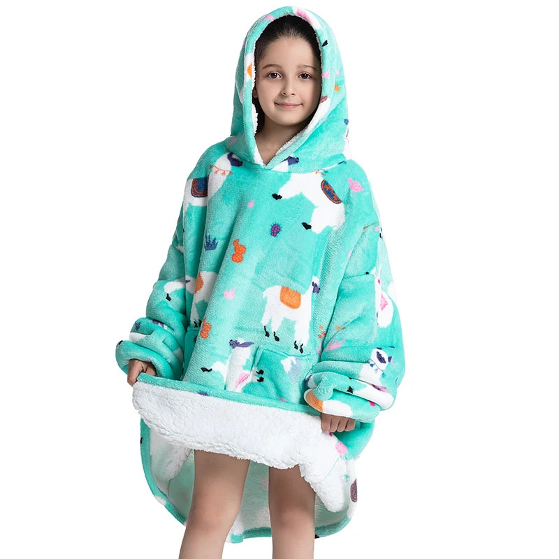 Oversized Wearale Blanket Hoodie Flannel Sherpa Fleece Warm Soft Winter Hoodie Sweatshirt for Kids Adults Home Blanket Snuggle