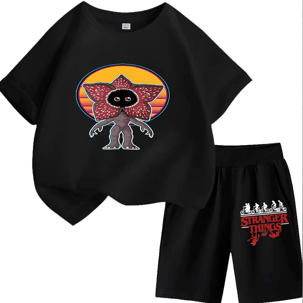 Cute Demogorgon Pattern Kids T-Shirt Set, Fashionable and Comfortable Short-Sleeve Tops for Boys and Girls, Ideal for Daily Wear
