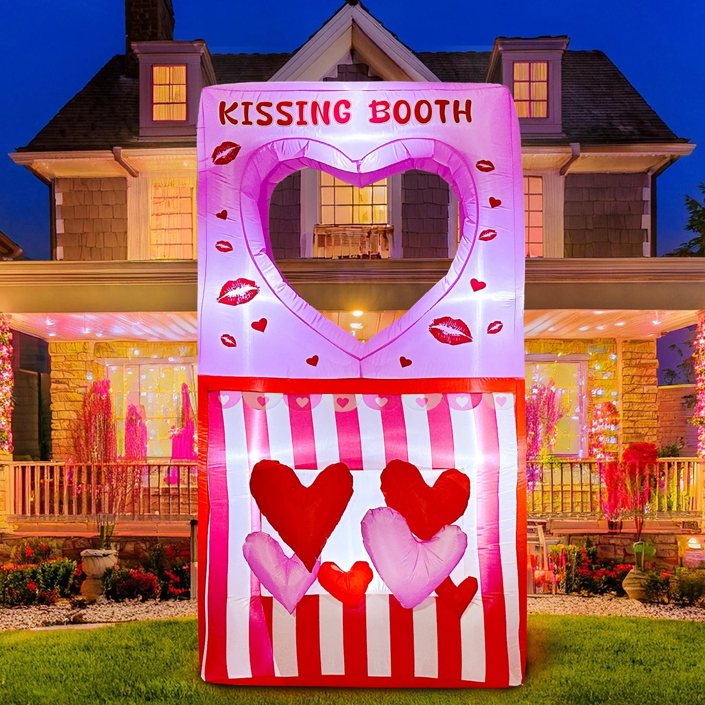 7FT Valentines Day Inflatables Outdoor Decorations, Kissing Booth Valentine Blow Up Inflatable with LEDs for Home Yard Outdoor