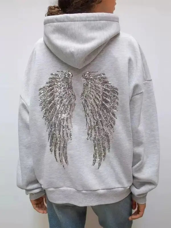 Autumn\winter Silvery Wing Pattern New Pure Cotton Sweatshirts Simple Light Gray Versatile Daily Oversizeds Hooded Jackets