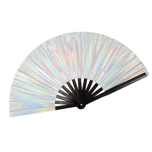 Rave Fan  Festival Fan Hand Fans Foldable Kung Fu Fan Large Silver Clack Fan Folding Cloth Fans Craft Hand Fans for Party Disco