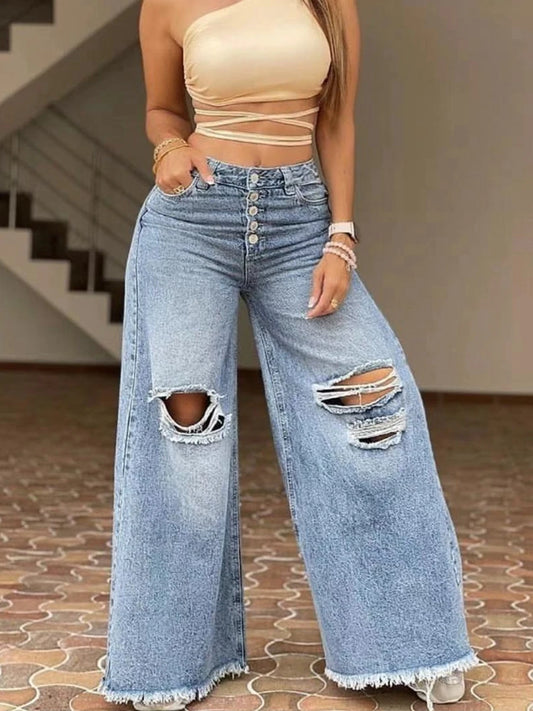 Women's Fashionable High Waisted Retro Loose Hole Wide Leg Pants Light Color Washed New Jeans Women's Long Pants