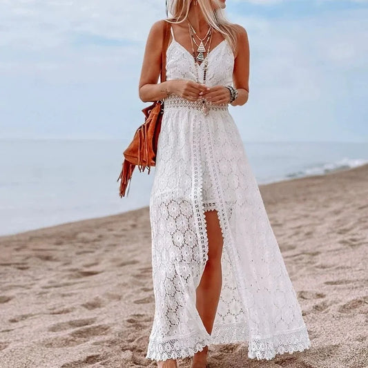 Summer 2025 Women Lace Playsuit Dress Sleeveless V Neck Hollow Out Irregular Midi Dress Sexy Elegant Casual Bohemian Dresses