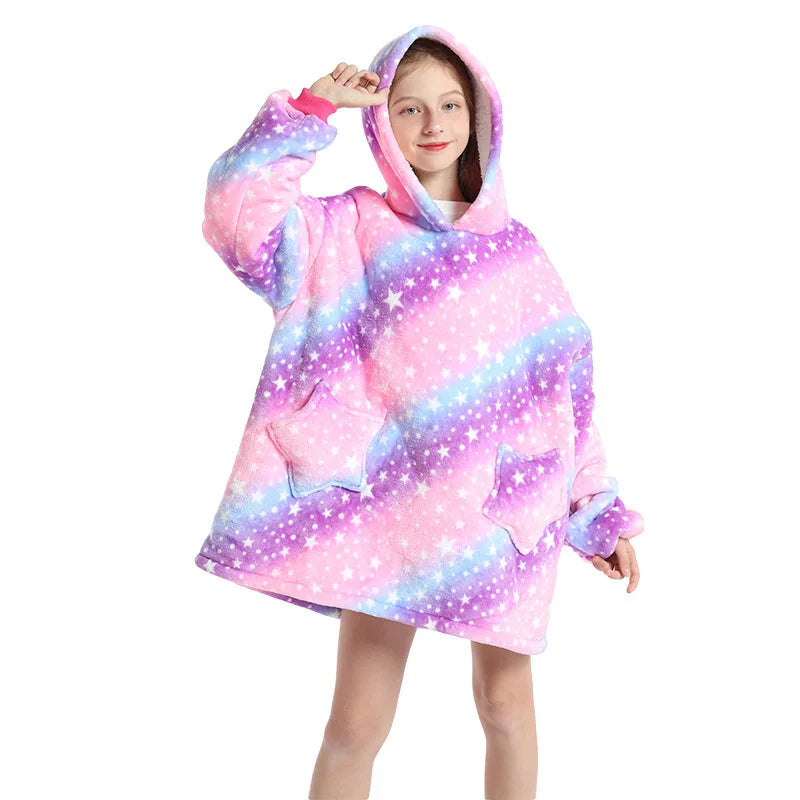 Kids Hoodie Homewear Oversized Blanket with Sleeves Cartoon Print Robe Boy Sweatshirt Teenage Girl Hoodie Children Warm Clothes