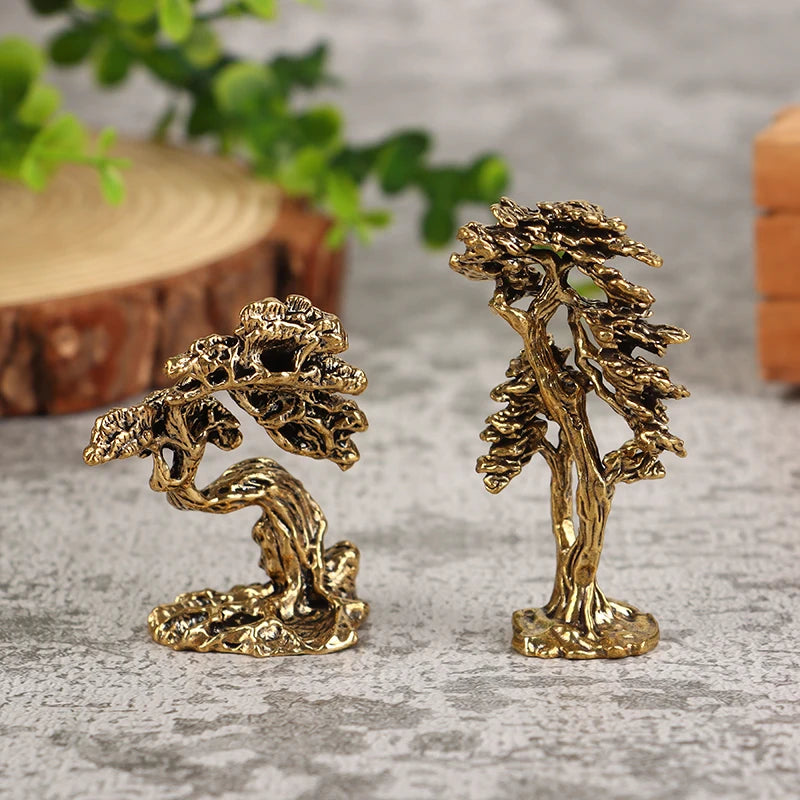 Brass Mini Welcome Pine Figurine Tree Miniature Landscape Small Bonsai Tree Statues Decorations Accessories