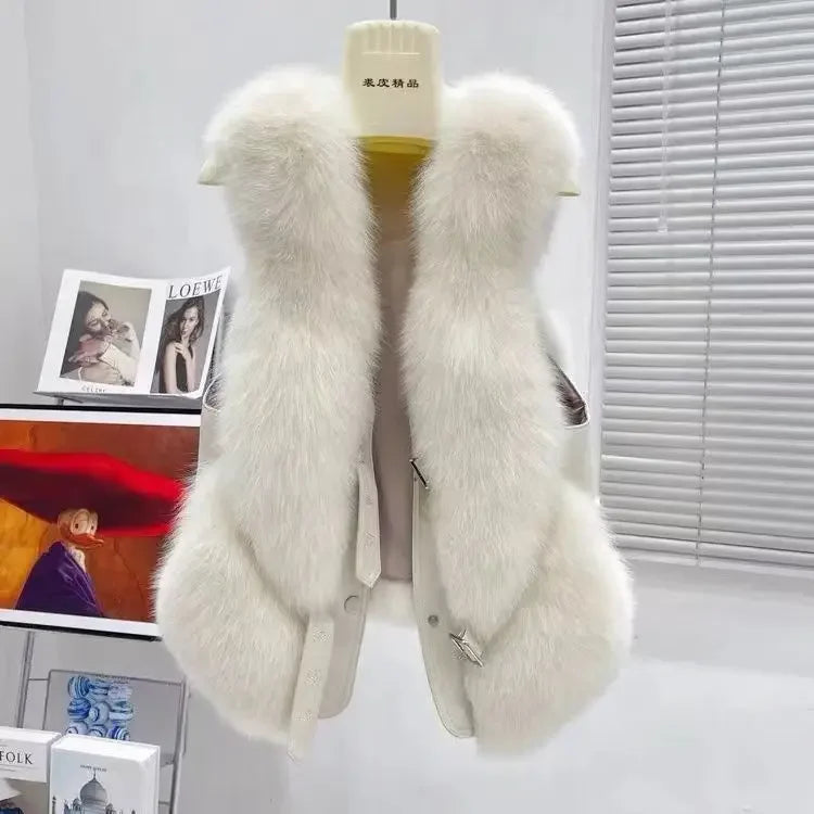 2024 autumn and winter fur vest short spliced  leather, new style with shoulder collar and gold  short   sobretudo feminino