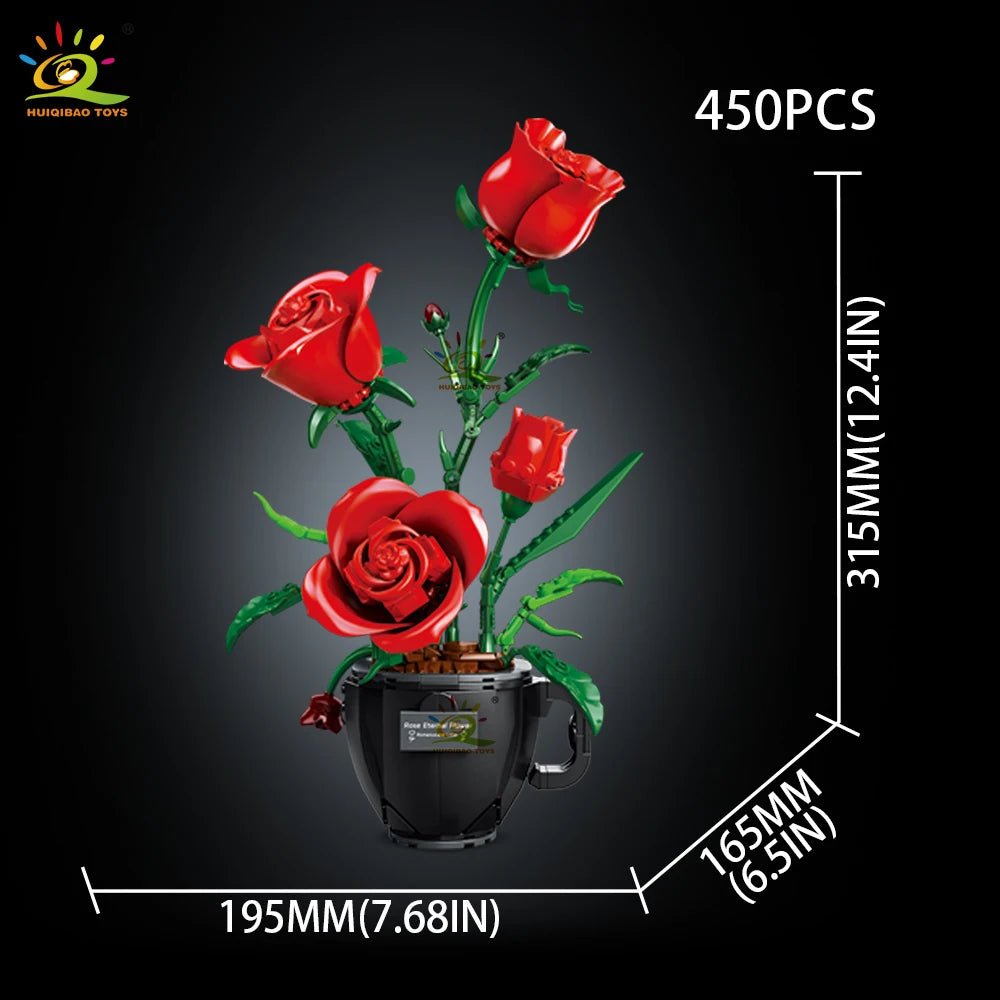HUIQIBAO Flower Orchid Rose Daisy Coffee Cup Potted Building Blocks Bouquet MOC Bricks Toys DIY Home Desk Plant Decoration
