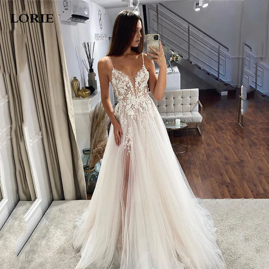 LORIE 3D Lace Wedding Dresses A Line Satin Bridal Gowns Square Neck Wedding Party Gowns 2023