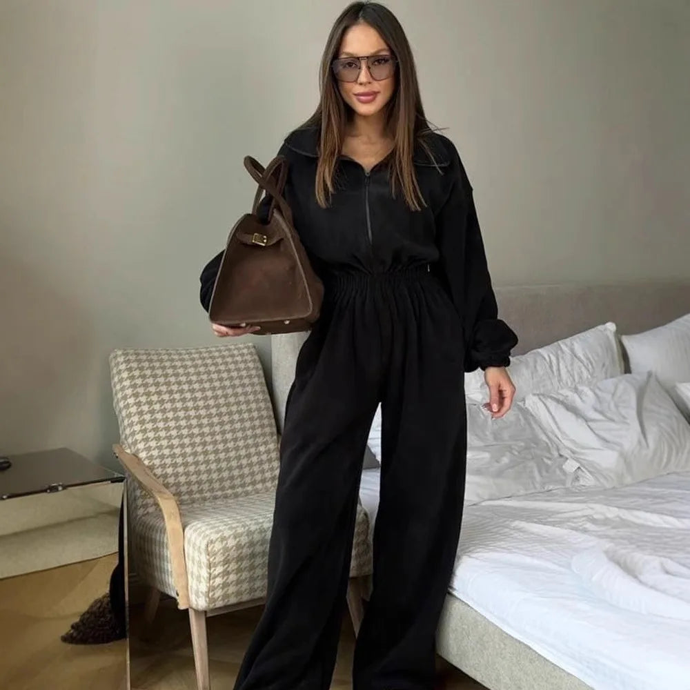 Woman Clothing Fashion Long-sleeved Jumpsuit Women's Set Zipper Casual Semi-open Elastic Waist Jumpsuit Elegant Sports Jumpsuit
