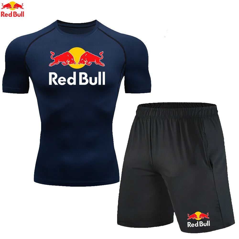 Red BullRashguard Short Sleeve T Shirts Shorts Suits Men Tracksuit Gym Boxing Jerseys Compression Shirt Fitness Running Training