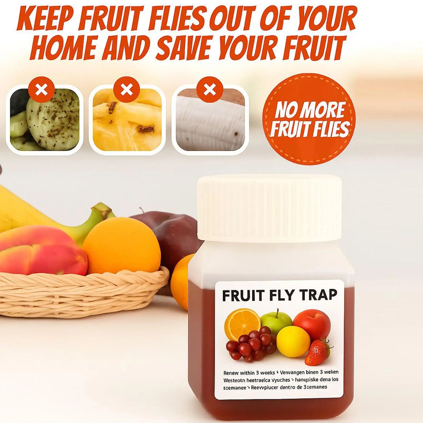 Fruit Fly Trap Refill Liquid - Effective & Safe Lure Solution for Indoor Outdoor Use in Kitchen, Garden, Patio, Farm, Orchard