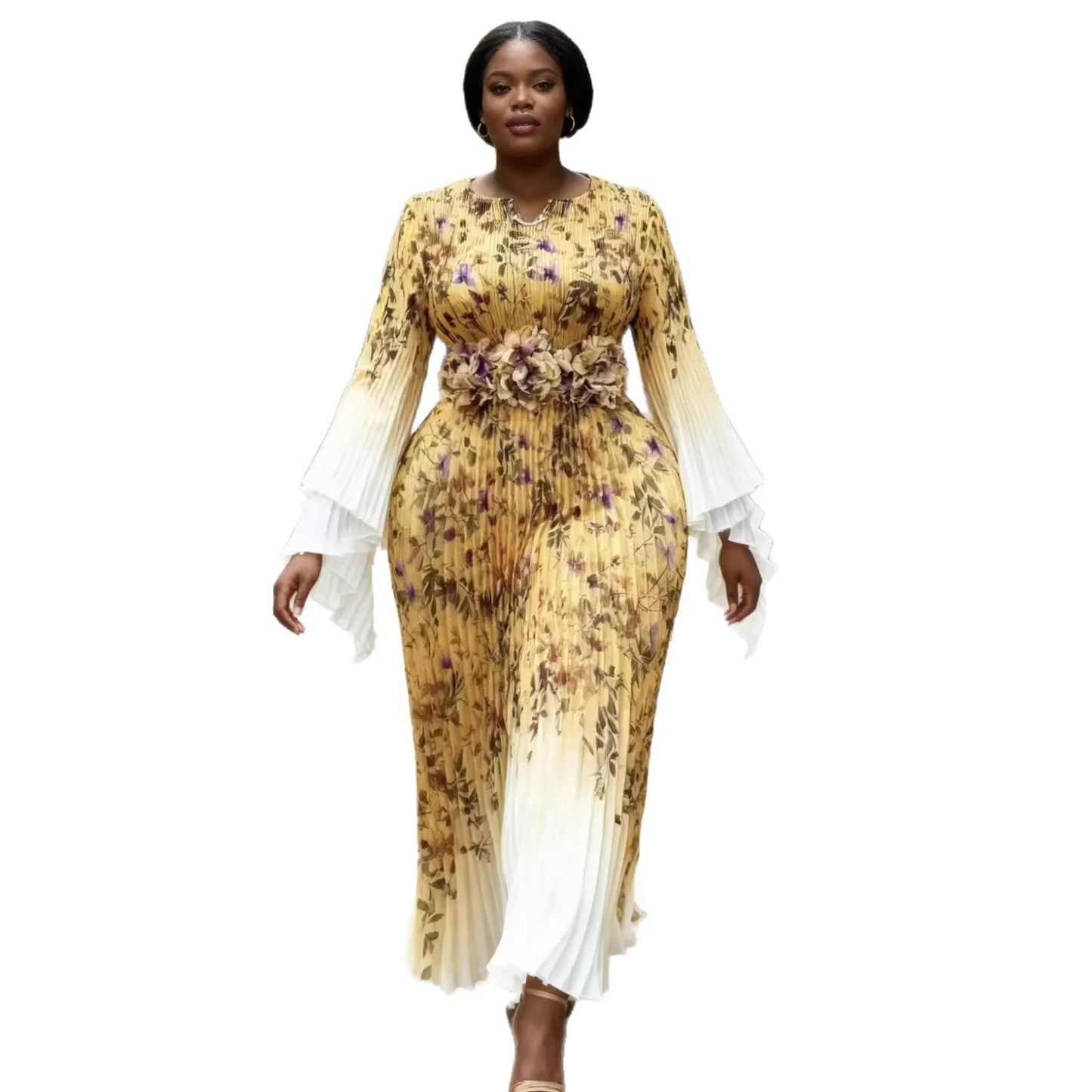 2025 One Size Temperament Women's Miyake Pleated Printed Long Sleeve Dress Loose Clothing Casual Pleated Dress