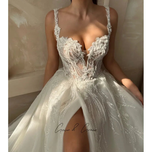 Gwn&Gce Sexy Bohemia Wedding Dress Vintage A-Line Lace Backless Bridal Dress Applique Strap Ribbon Princess BrideGown Customized