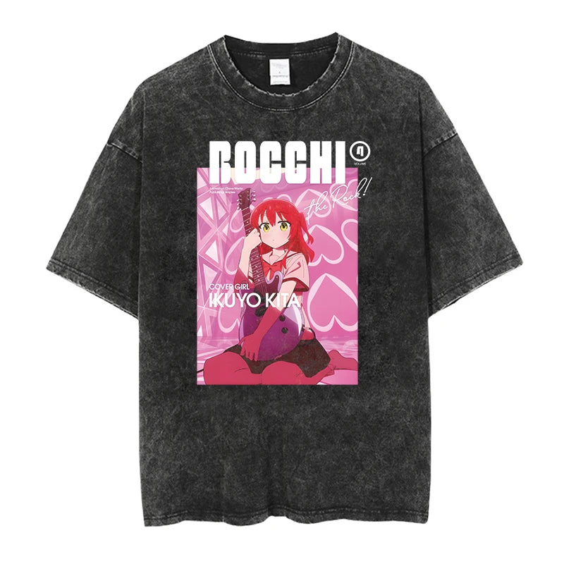 Men Oversized Printed Tshirts Bocchi Club Music Band Anime Bocchi The Rock Cotton Tops Creative Crew Neck Tees Washed TShirt