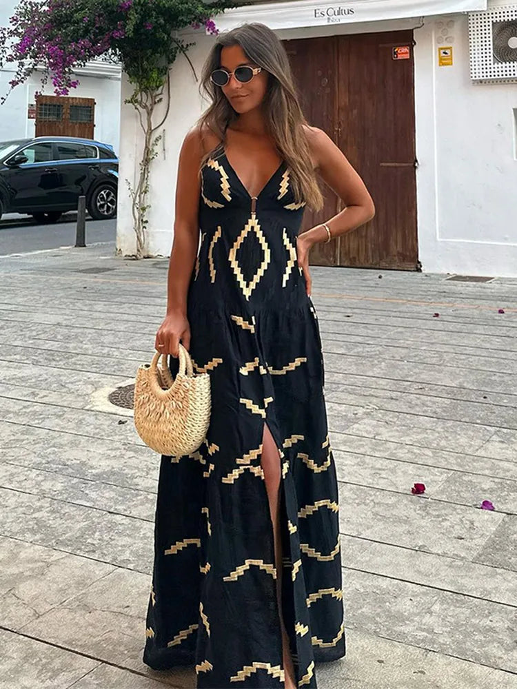 Women's Summer Sexy  Backless Street Casual Dress Women's Fashion Suspender V-neck Hem Slit Resort Style Dress Y2k 2025
