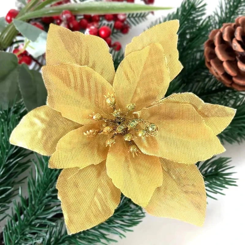 10Pcs Artificial Flowers Christmas Decoration 13CM Xmas Tree Pendant Ornaments for Home Room Decor Navidad New Year 2025 Garland