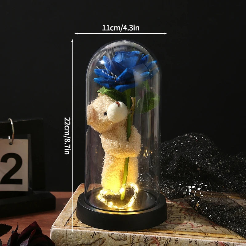 Eternal Red Rose Artificial Flowers with LED Light Creative Valentine's Day Gift Rose in Glass Cover Simulation Rose Flower