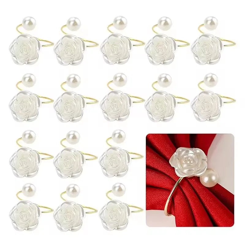 10PC Valentine's Day Wedding Pearl Napkin Clasp Roses Creative Round Pearl Napkin Rings for Restaurant Family Table Decoration