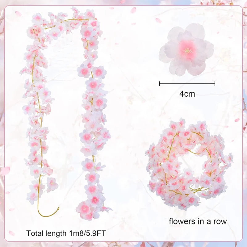 180CM Artificial Cherry Blossoms Vines Silk Sakura Flowers Rattan Hanging Garland Ornaments Wedding Party Garden Home Decoration
