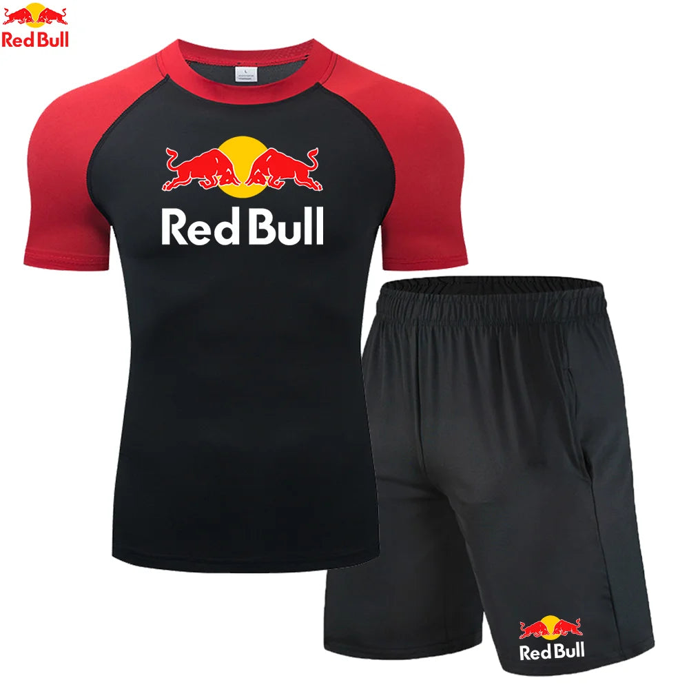 Red BullRashguard Short Sleeve T Shirts Shorts Suits Men Tracksuit Gym Boxing Jerseys Compression Shirt Fitness Running Training