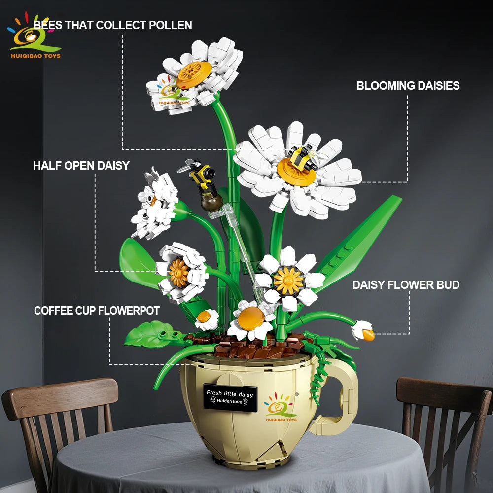 HUIQIBAO Flower Orchid Rose Daisy Coffee Cup Potted Building Blocks Bouquet MOC Bricks Toys DIY Home Desk Plant Decoration