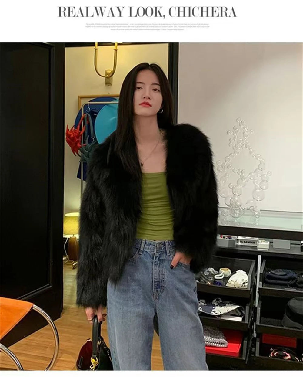 Women's faux fur coat, thick and luxurious collarless short fur coat, elegant jacket, warm coat for winter