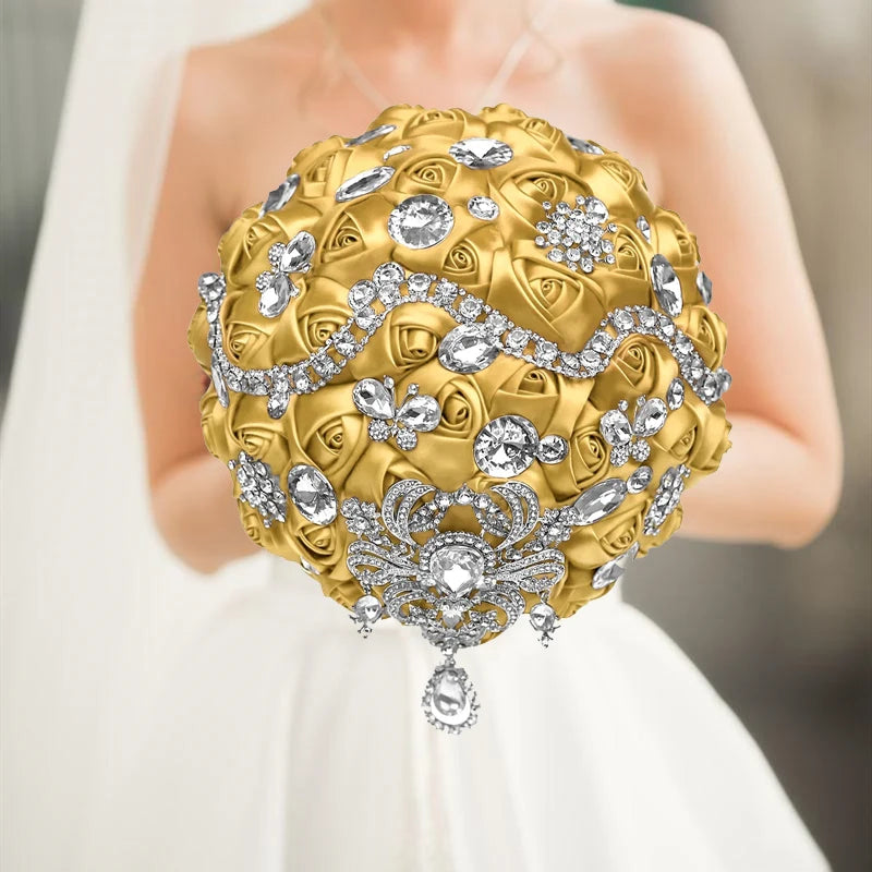 1pc/lot Gold Bridal Wedding Bouquet  Satin Rose Artificial Flowers Wedding Bouquet de novia On Sale