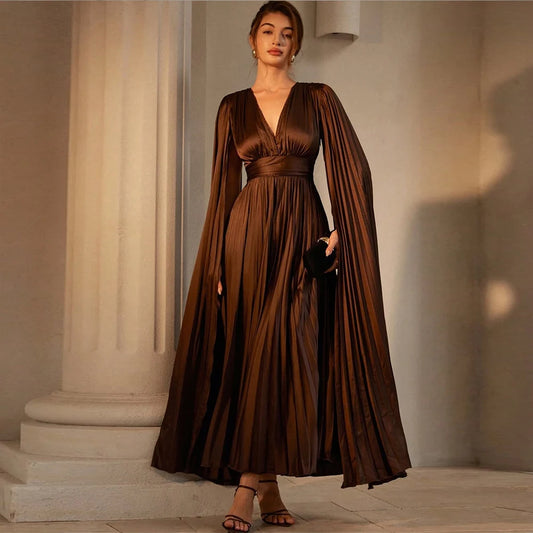 Draped Women Evening Dresses Long Elegant V Neck Prom Dress for Night Party Cap Sleeves Classic Cocktail Gowns Formal