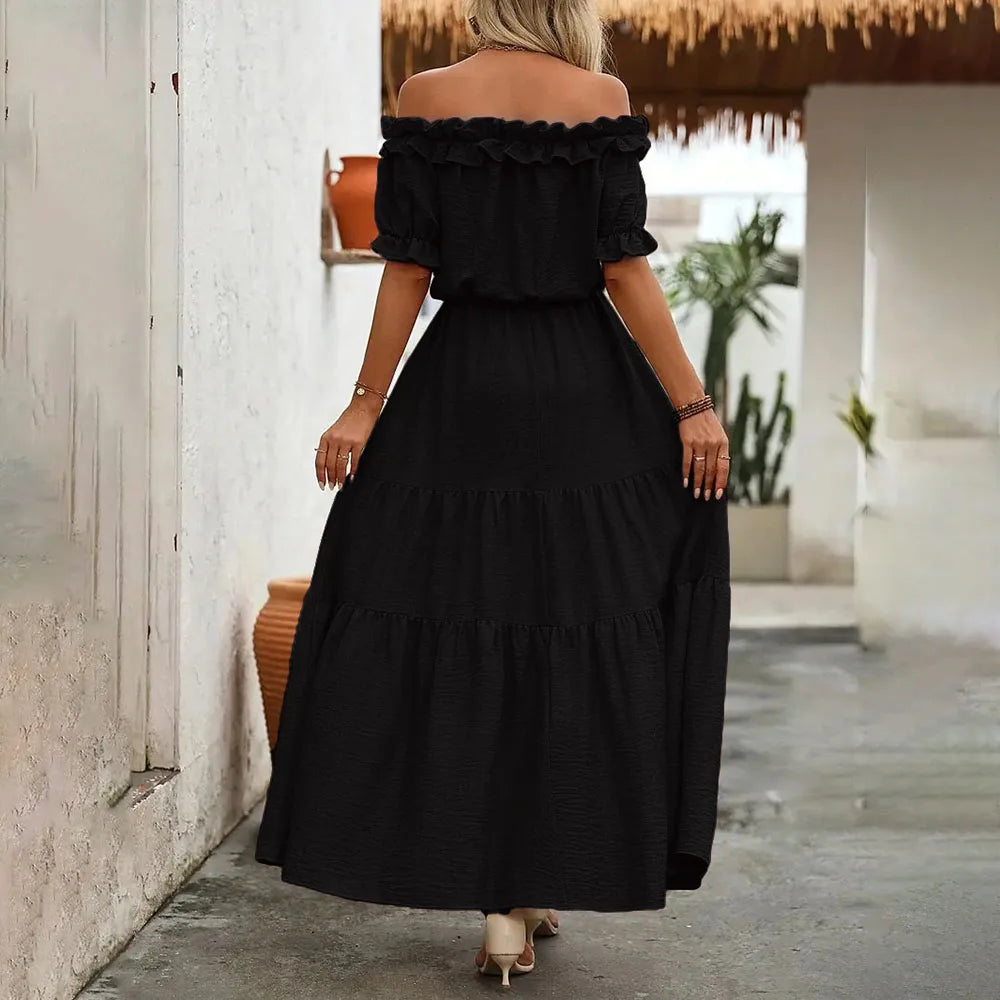 Elegant Short Sleeve Long Dress Women 2025 Summer Fashion Off Shoulder Maxi Dresses Casual