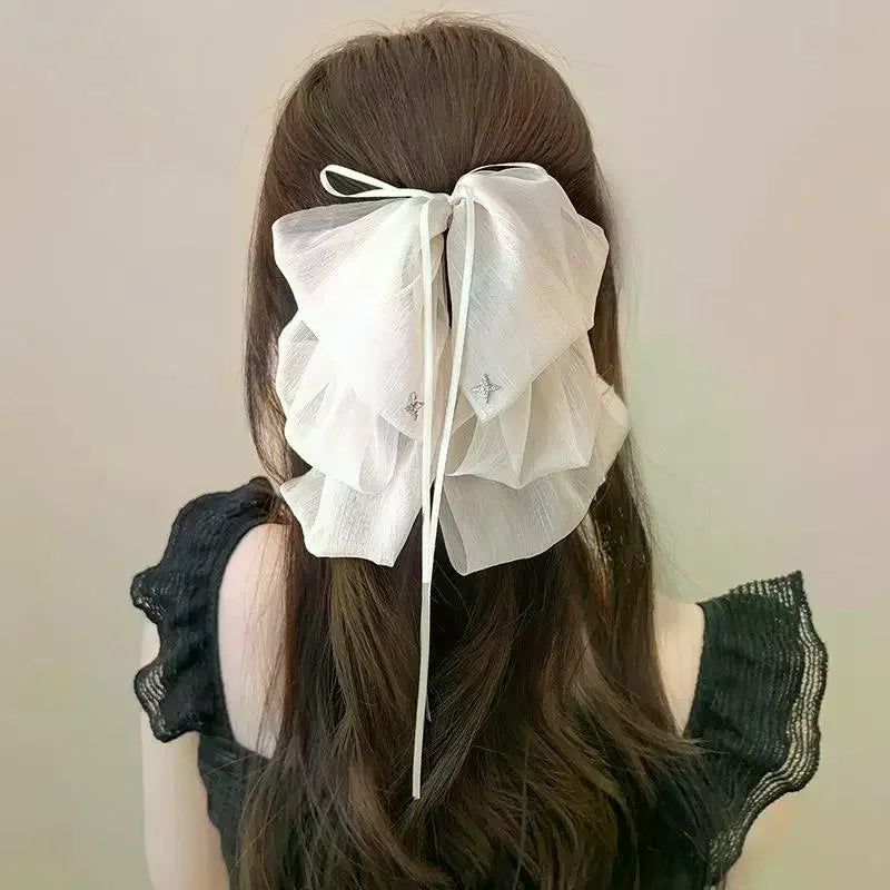 Black Elegant Women Large Bow Hair Claw Temperament Chiffon Big Bowknot Barrettes Hairpin Women Ponytail Hairpin Hair Accessory