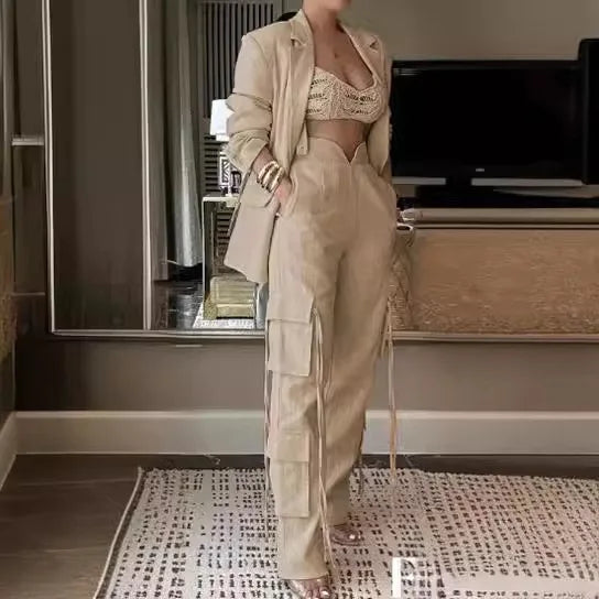 Women Fashion 2pcs Sets Spring Autumn Lapel Long Sleeve Blazer Jacket High Waist Pockets Long Pants Solid Color Office Lady Suit