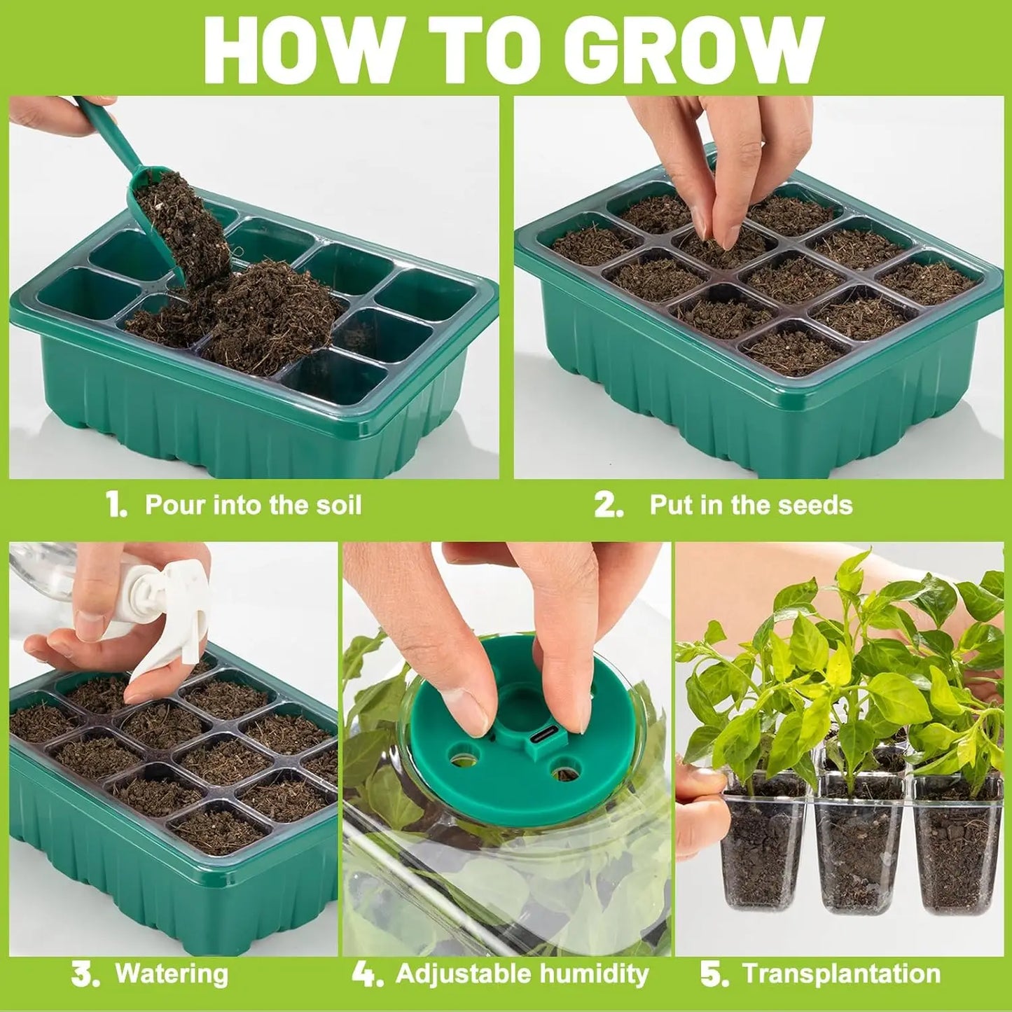 Seed starter tray with grow light, 2 seed germination kits, dome with adjustable humidity, seedling starter tray for home use