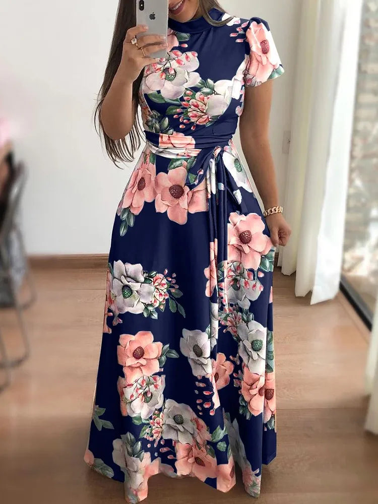 Women's Slim Dresses Casual Long Sleeve Round Neck Flower Printed Dress Strap Floor-Length Long Skirt Women's Clothing