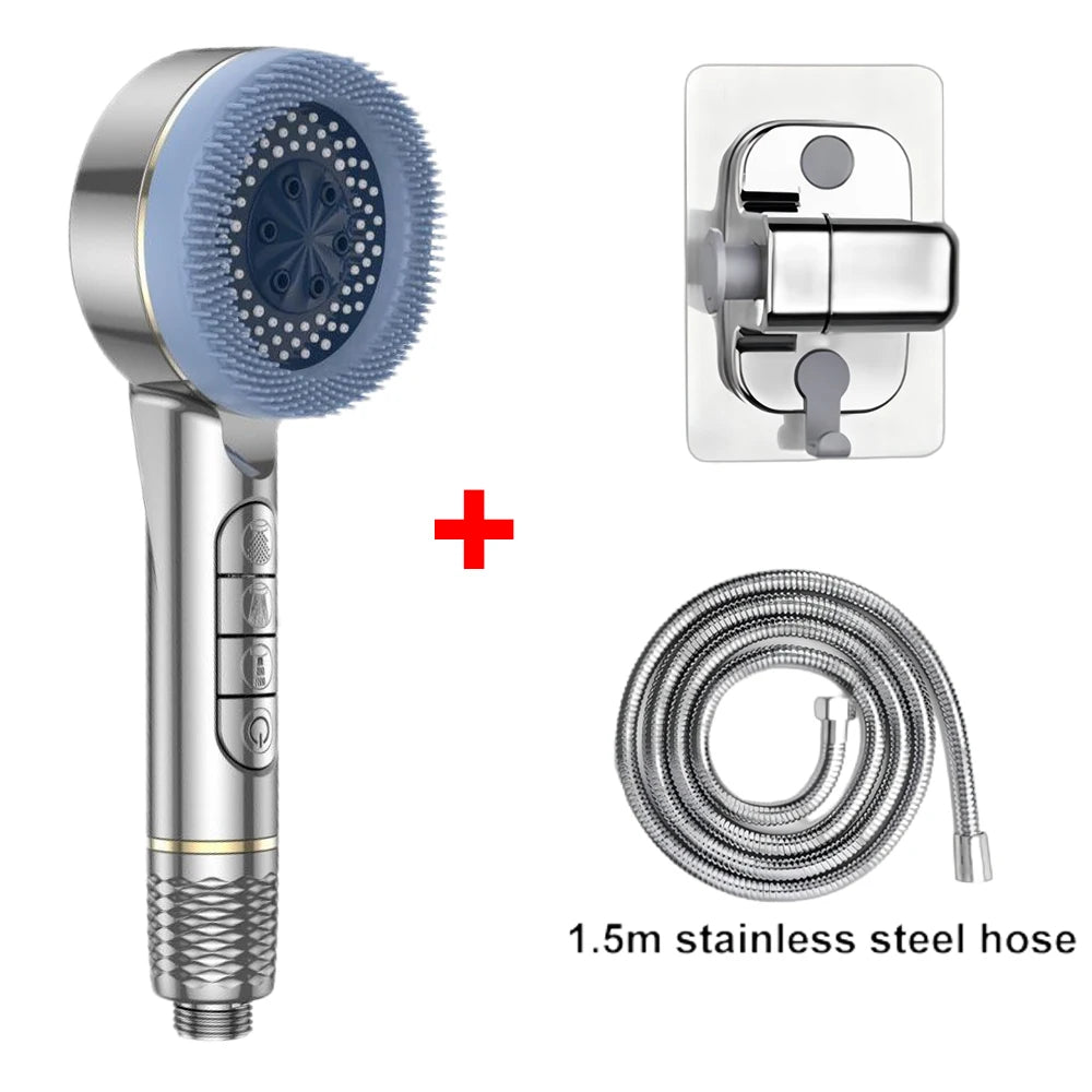 4 Modes Pressurized Shower Head Thickened ABS Handheld Filter Showerhead with Silicone Brush One-Key Stop Water Shower Nozzle