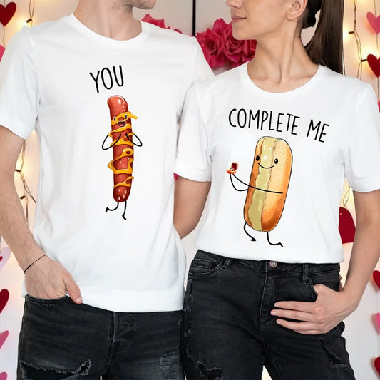 Couples Valentines Day Complete Outfit Ideas Hot Dog Bun High Quality Cotton T-Shirt Me You Matching Fashion Loose Print Tees