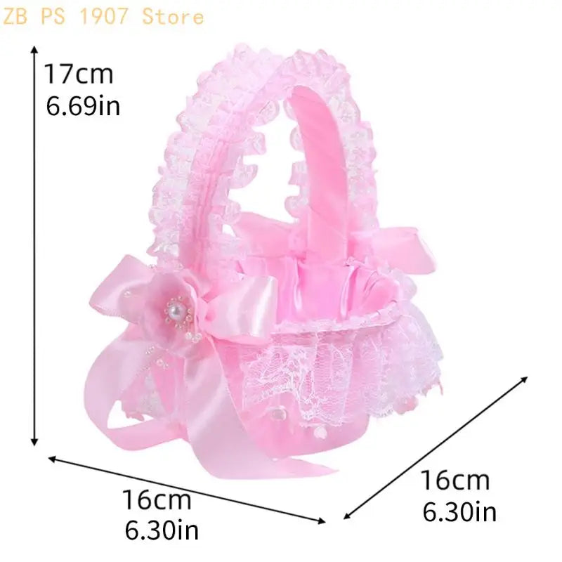 Wedding Flower Girl Basket with Lace Trim Handle Bowknot Flower Baskets for Wedding Ceremony Party Floral Arrangement 55KA