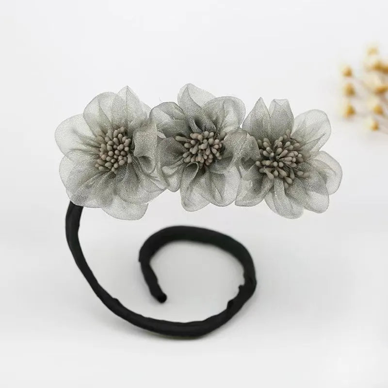 New Women Elegant Bud Chiffon Flowers Bun Maruko Hairstyles Making Long Tools Sweet Headband Hairbands Fashion Hair Accessories