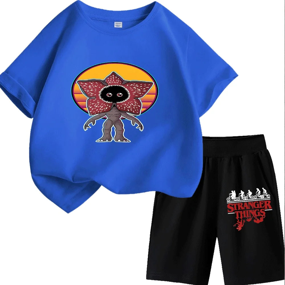 Cute Demogorgon Pattern Kids T-Shirt Set, Fashionable and Comfortable Short-Sleeve Tops for Boys and Girls, Ideal for Daily Wear