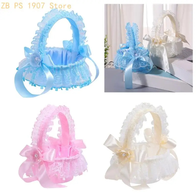 Wedding Flower Girl Basket with Lace Trim Handle Bowknot Flower Baskets for Wedding Ceremony Party Floral Arrangement 55KA