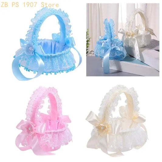 Wedding Flower Girl Basket with Lace Trim Handle Bowknot Flower Baskets for Wedding Ceremony Party Floral Arrangement 55KA