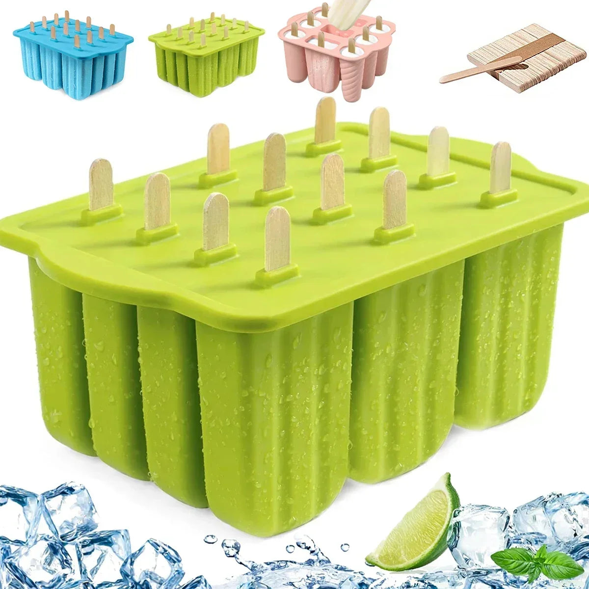 Popsicle Molds Silicone 12 Pieces Popsicle Trays for Freezer Homemade Ice Cream Popsicle Molds with 50Pcs Popsicle Sticks