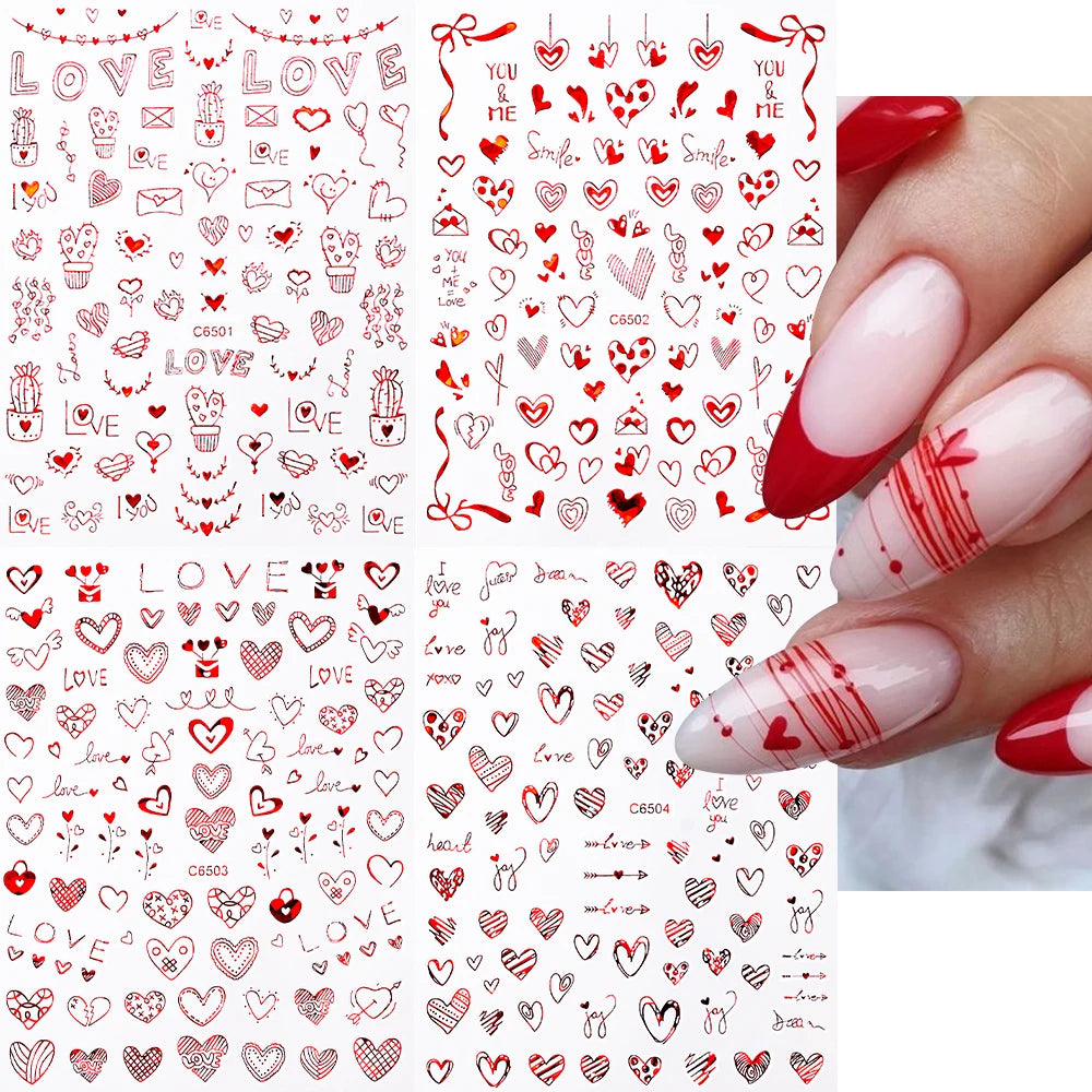 4Pcs Love Heart 3D Nail Art Decals 10*8cm Red Black Letter & LOVE Adhesive Sliders Nail Stickers Decoration For Valentine's Day