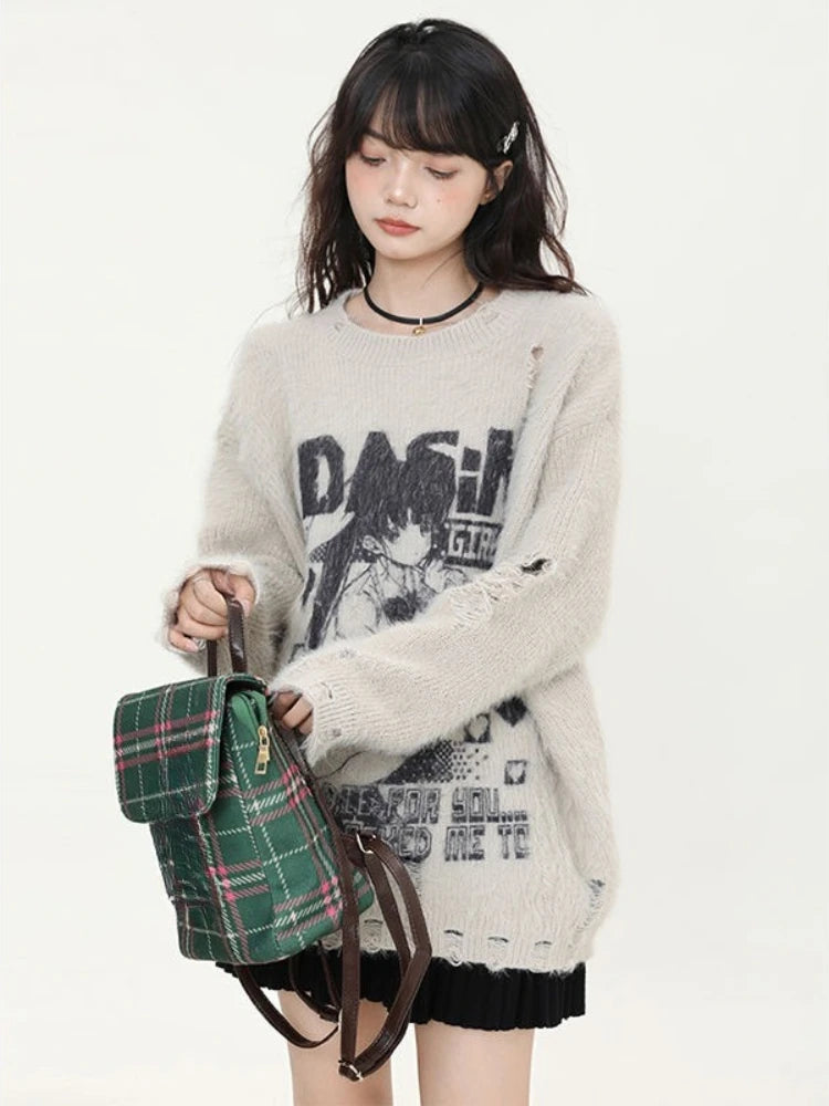 2000s American Vintage Casual Loose O Neck Long Sleeve Autumn Sweaters Y2k Harajuku Kawaii Print Anime Pullovers Subculture Chic