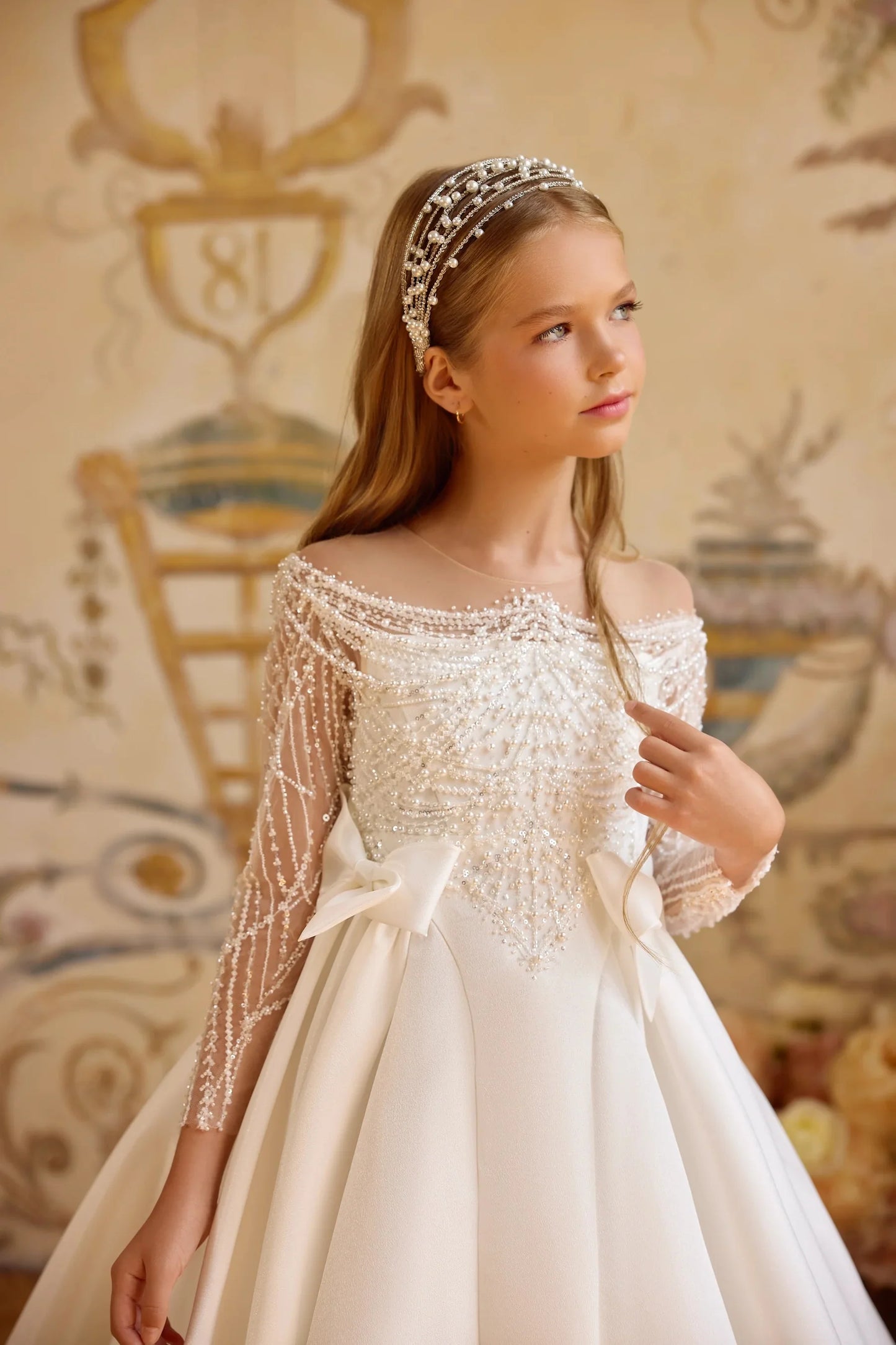 Luxury Pearls Beading Flower Girl's Dresses for Wedding White Ball Gown First Communion Dress Baby Girl Birthday Party Gowns