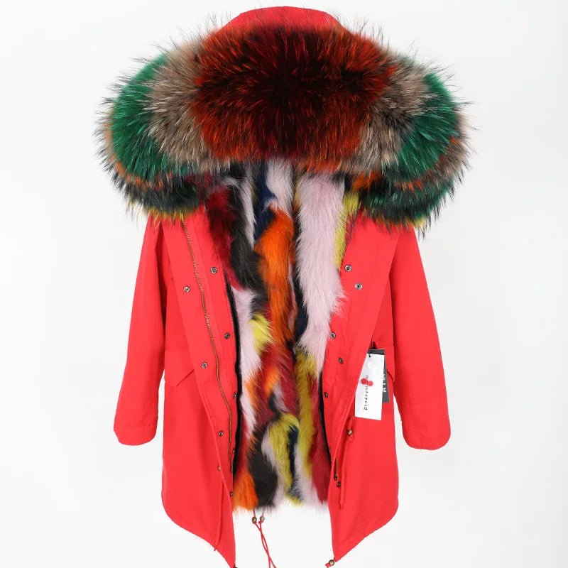 2024 MAOMAOKONG Natural Raccoon Fur Collar Winter Coat Remove Liner Slim Jacket Fur Coat Woman Parkas Female Clothes