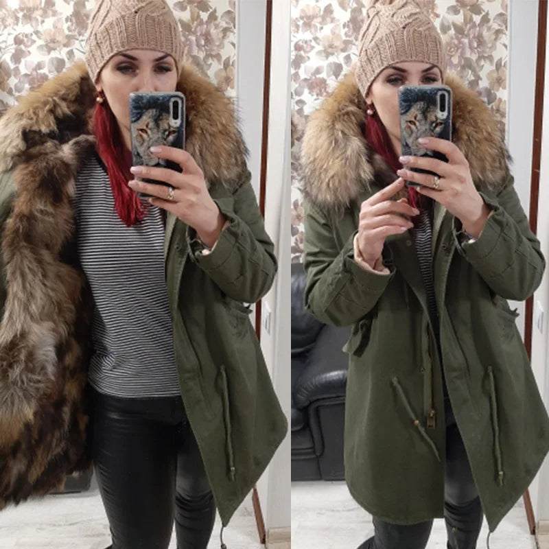 2024 MAOMAOKONG Natural Raccoon Fur Collar Winter Coat Remove Liner Slim Jacket Fur Coat Woman Parkas Female Clothes