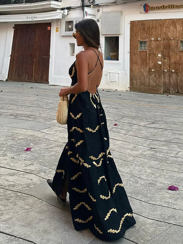 Women's Summer Sexy  Backless Street Casual Dress Women's Fashion Suspender V-neck Hem Slit Resort Style Dress Y2k 2025