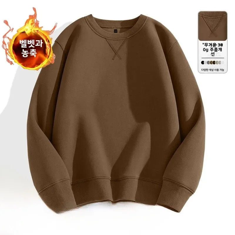 Thickened Fleece Hoodless Sweatshirt Men's Round Neck Winter Casual Loose Fit Cotton Polyester Long Sleeve Self Heating