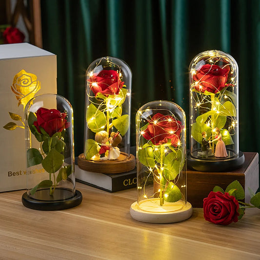 Eternal Red Rose Artificial Flowers with LED Light Creative Valentine's Day Gift Rose in Glass Cover Simulation Rose Flower