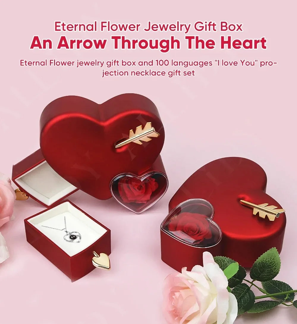 Christmas Creative Heart-piercing Jewelry Box with Eternal Rose Preserved Flowers Party Drawer Box Design Valentine's Day Gifts